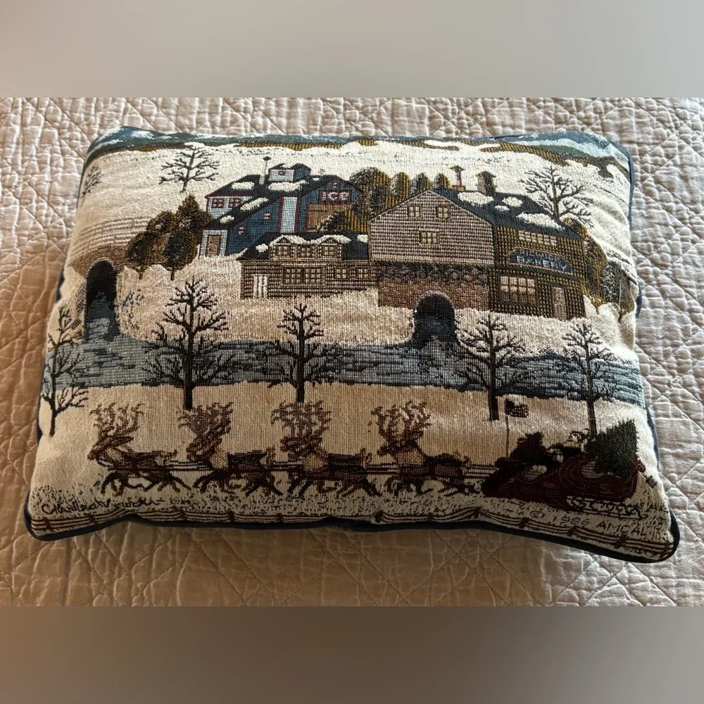 VTG 1986 Tapestry Charles Wysocki Pillow Winter Scene w/Santa & Reindeer FolkArt